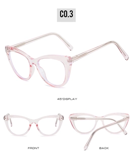 Drei Ansichten der rosa Cat-Eye-Brillengestelle mit Vorderseite, Rückseite und 45-Grad-Winkel