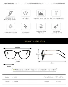 Detailed size chart for cat-eye glasses frame with precise dimensions and TR-metal specs