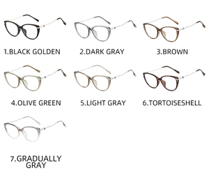 Detailed display of cat eye eyeglass frames in seven colors with metal temples