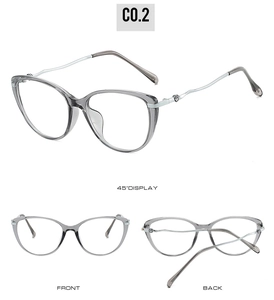 Three-view display of grey cat-eye glasses frames with silver spade metal detail
