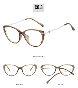 Detailed views of cat eye glasses frame showing front, back, and 45-degree angles