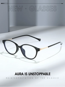 Detail view of round black eyeglass frames with elegant rose gold metal temples