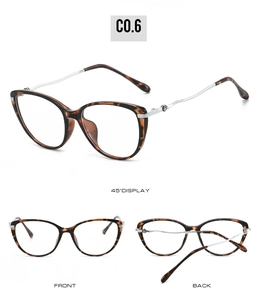 Three-angle view of cat-eye glasses with leopard pattern frames and silver wavy metal temples