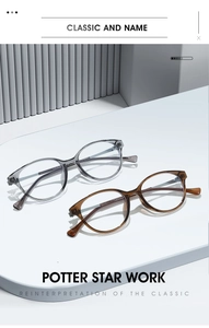Detail view of round glasses frames in transparent grey and tea colors with metal temples