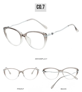 Detailed views of cat-eye eyewear showing gradient grey frames and slim metal temples