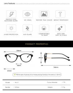 Detailed size chart and technical specifications for round TR anti-blue light glasses