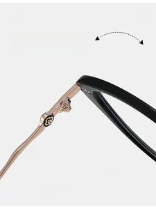 Detail of durable texture hinge on black and rose gold cat-eye glasses frame
