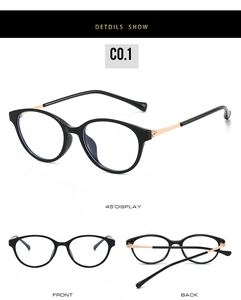 Detailed views of retro round black frame glasses with slim rose gold metal temples
