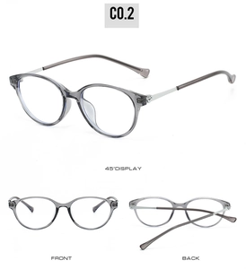Three-angle view of round translucent grey eyeglasses with metal temples and functional frame