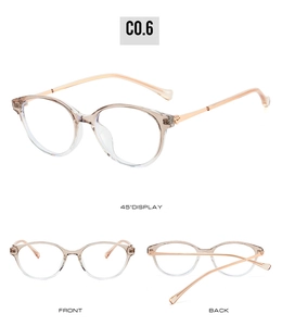 Multiple views of round champagne frames with rose gold metal temples and blue light lenses