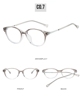 Three views of round gray eyeglasses frames with silver metal temples and clear lenses