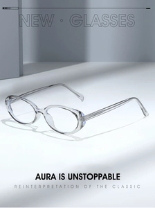 Detail of light grey transparent oval cat-eye glasses with textured anti-slip temples