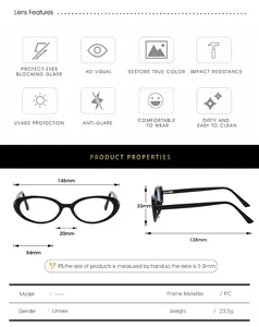 Detailed size chart for cat-eye glasses with frame dimensions and product specifications