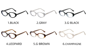 Detailed grid showing six color options for the retro oval tortoise glasses frames