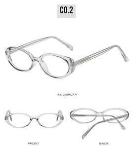 Detail of transparent grey cat eye frames showing inner metal wire spring hinges