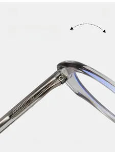 Detailed macro view of durable reinforced metal hinge on transparent grey-blue cat-eye frames
