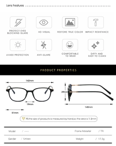 Detailed size specifications and features of minimalist small frame anti-blue light glasses
