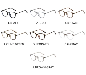 Detail view of seven color variations for small frame anti-blue light metal eyeglasses