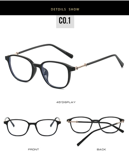 Detailed multi-angle views of black full-rim glasses with rose gold hollow metal temples