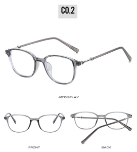 Three views of grey translucent small frame glasses with metal floral temple accents