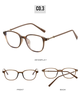 Three-angle view of vintage amber round frame glasses with ornate gold hinge details