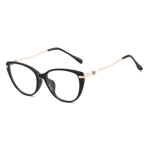 Chic cat-eye glasses with black frames and wavy rose gold metal temples on white background