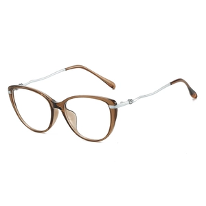 Retro cat-eye blue light glasses with amber frame and wavy silver metal temples