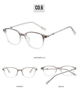 Three-angle view of minimalist small-frame blue light blocking glasses with metal temples