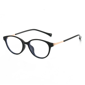 Fashionable round black frame glasses with slim rose gold metal temples for women