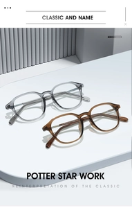 Detail view of transparent grey and brown anti-blue light glasses frames in a minimalist setting