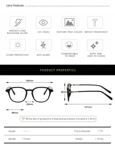Detailed size chart for unisex anti-blue light glasses with frame dimensions in millimeters