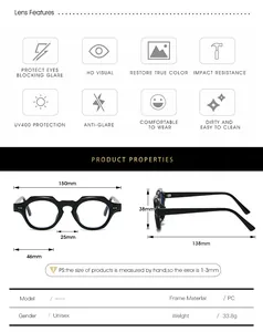 Guide des tailles détaillé pour lunettes PC anti-lumière bleue avec spécifications