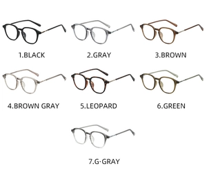 Detail showing seven color options for stylish anti-blue light metal frame eyewear