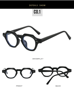 Trois vues de la monture de lunettes géométriques noires épaisses et de ses branches