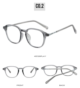 Three-angle display of round metal eyeglasses with grey transparent frames and blue light filter
