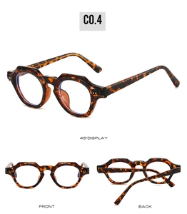 Vues détaillées d'une monture de lunettes ronde en écaille avec facettes géométriques