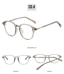 Three-view display of unisex transparent gray glasses frame with metal hinge details