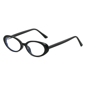 Classic black oval full-rim glasses with blue light blocking lenses on white background