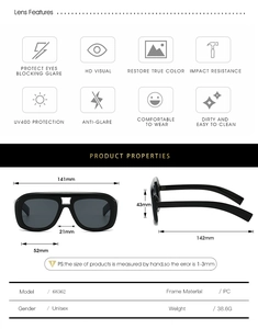 Detailed technical diagram of oversized double-bridge sunglasses with frame dimensions