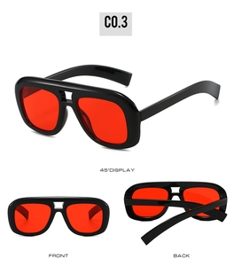 Three-angle view of oversized sunglasses with black frames and bold red lenses