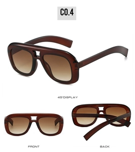 Detailed views of amber oversized square sunglasses with double bridge and gradient brown lenses