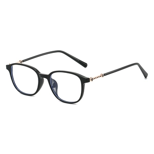 Classic black full-rim glasses with gold clover metal temples and anti-blue light lenses