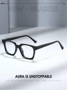 Detailed side view of black rectangular full-rim glasses with polished frames