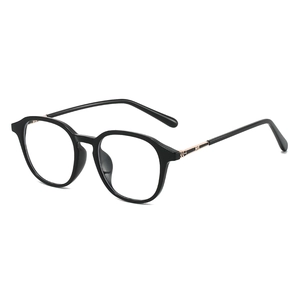 Classic black full-rim anti-blue light glasses with gold metal G-shaped accents