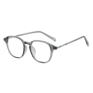 Classic grey transparent round frame blue light glasses with stylish metal logo temples