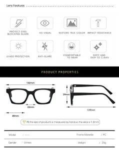 Detailed size chart for square glasses frame showing dimensions and technical specs