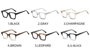 Multiple color options for square frame eyeglasses including black, grey, and leopard print