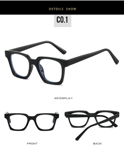 Three-view display of black square eyeglass frames showing front, back, and side angles