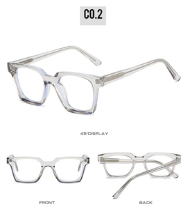 Three-view layout of grey square eyeglass frames showing front, side and back angles