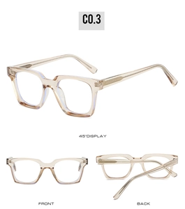 Detailed views of champagne square eyeglass frames from front, back, and 45-degree angles